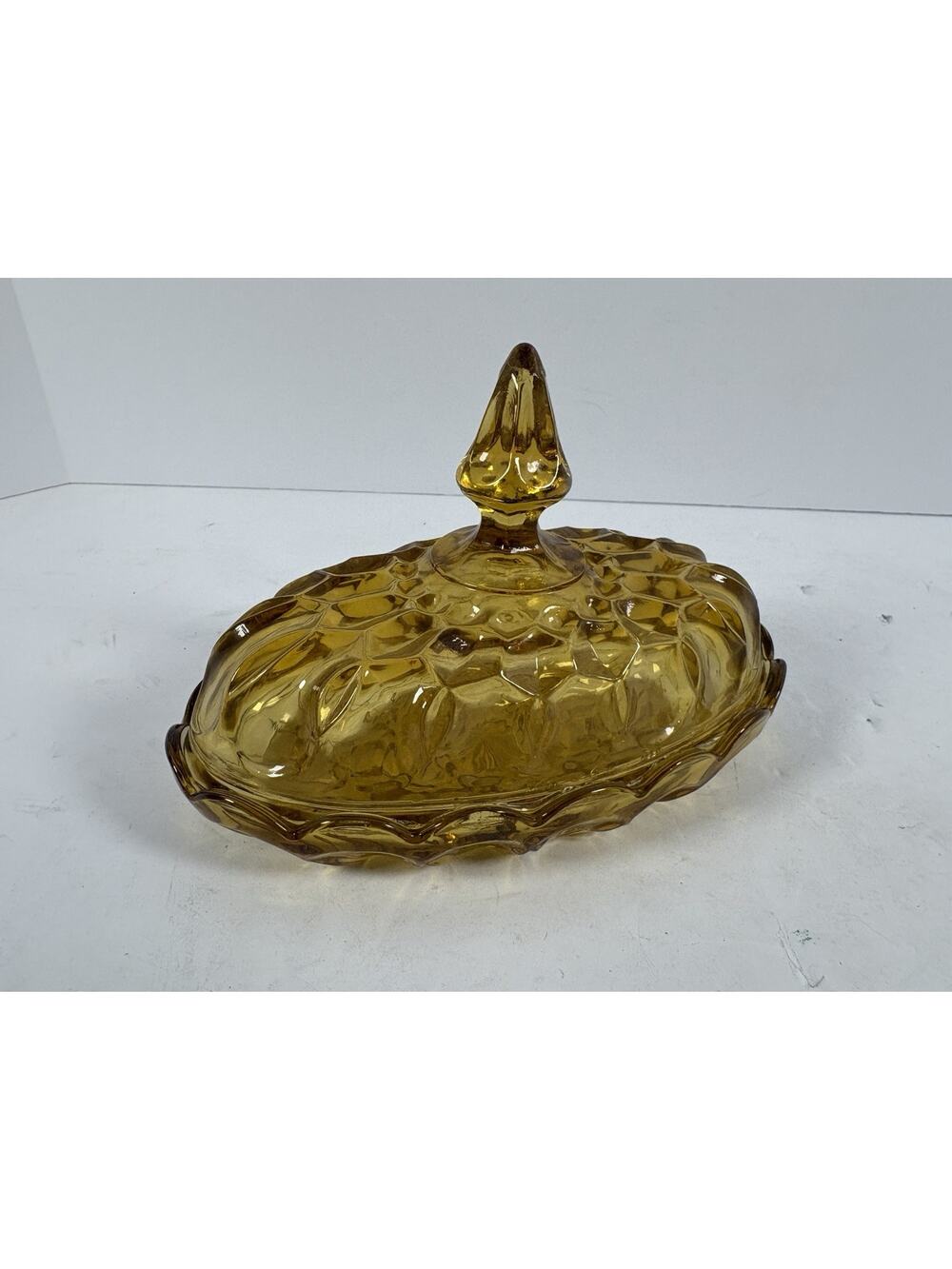 Vintage 1970s Anchor Hocking Fairfield Oval Glass Amber Honey Butter Dish W/ Lid